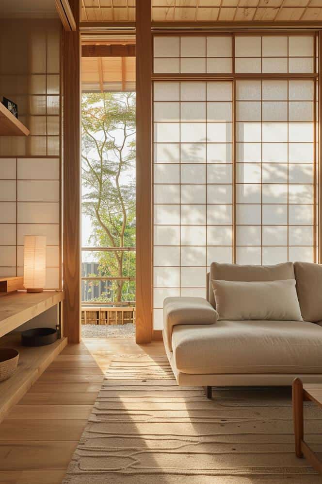 A shoji screen on window and a sofa