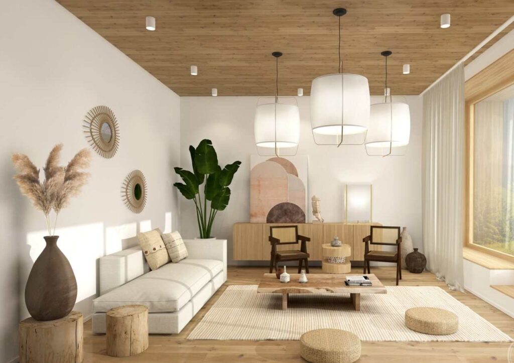 Wooden ceiling and a wooden table with other wooden seating and a rug
