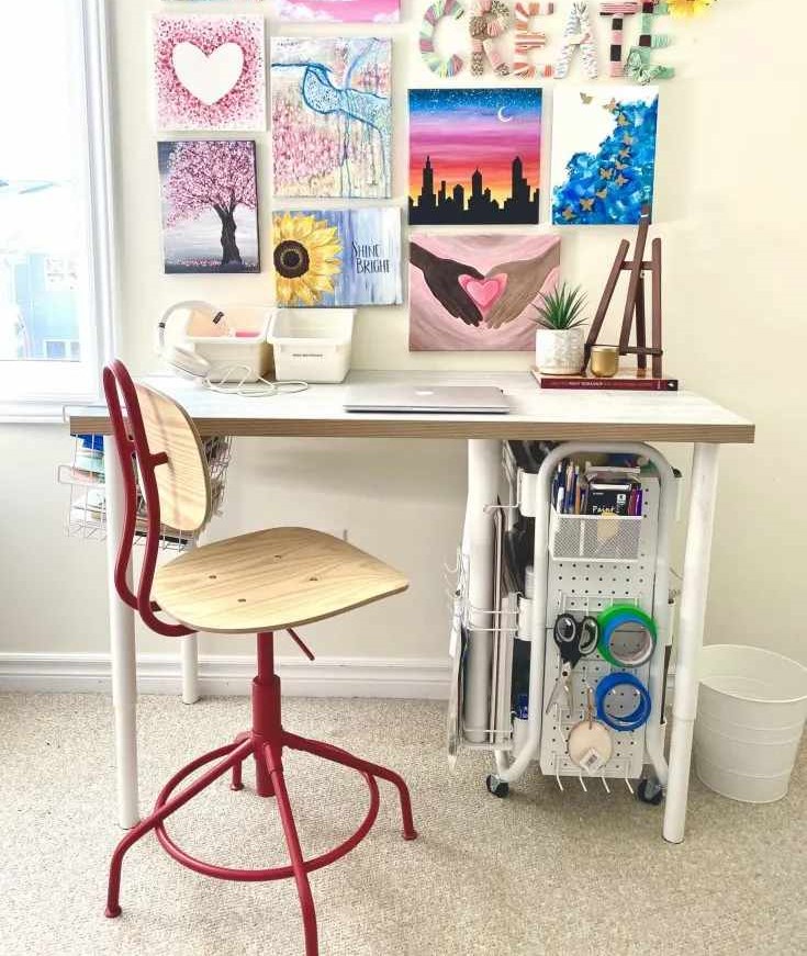 Wooden table with adjustable legs for the sewing room
