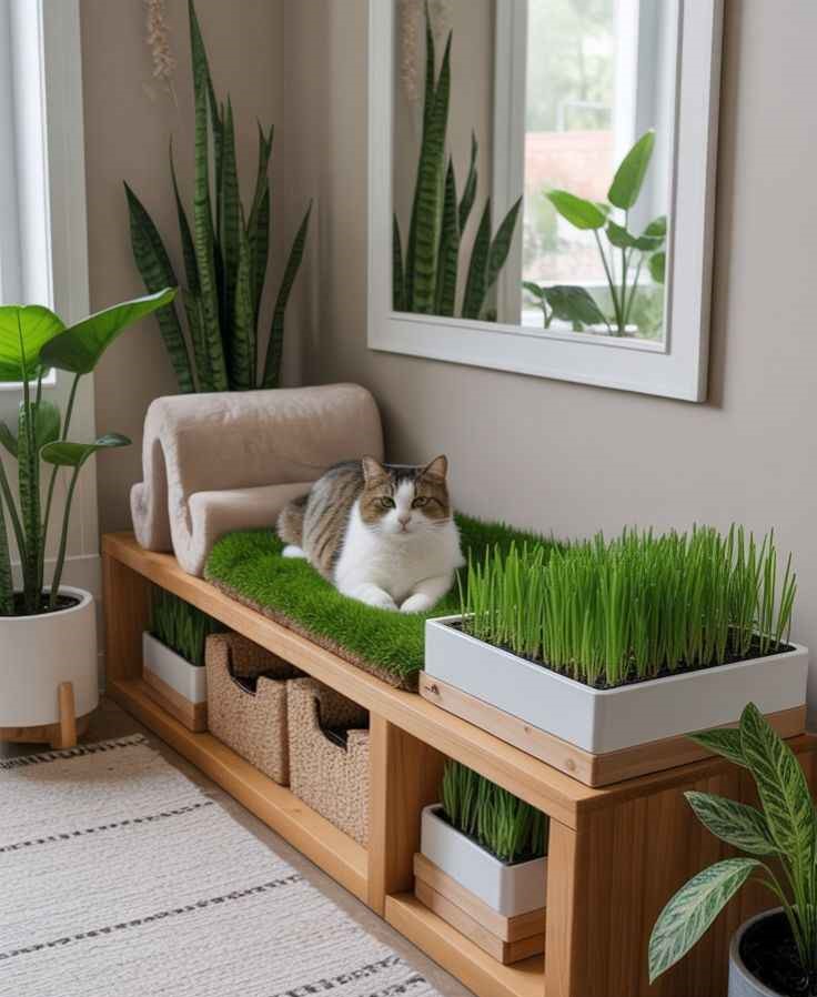 A wooden bench with storage under it and herbs on it for the cat