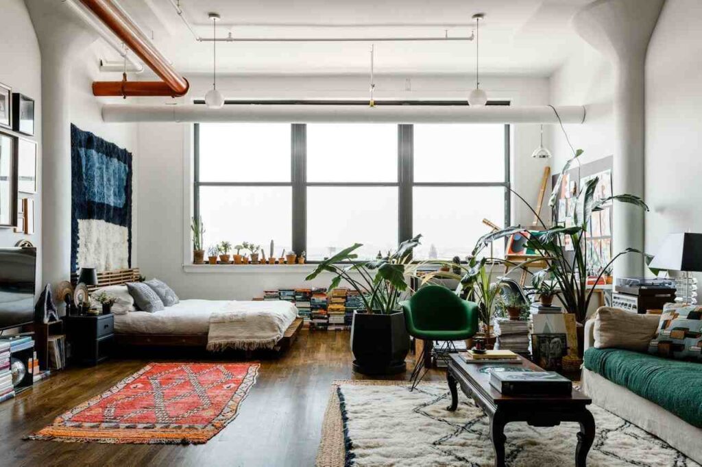 Plants in room with bed and a sofa with rug on floor and a big window