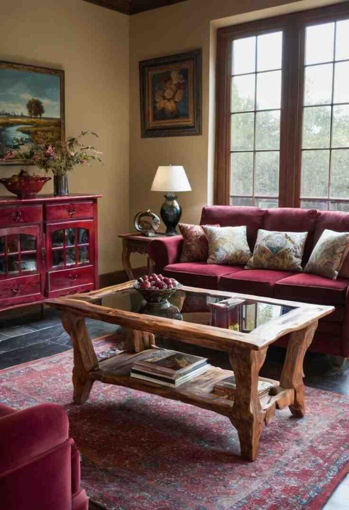 Glass top wooden table and a burgundy sofa and a wooden cabinet