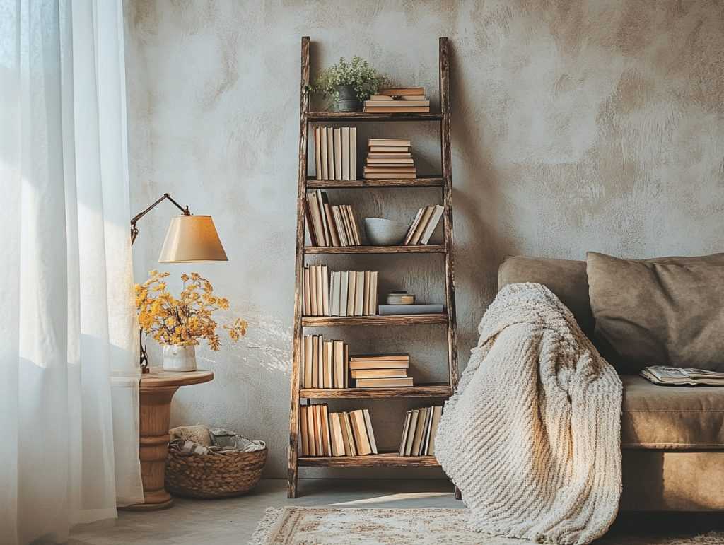 Wooden ladder for the book and a side table with a lamp on it and a sofa