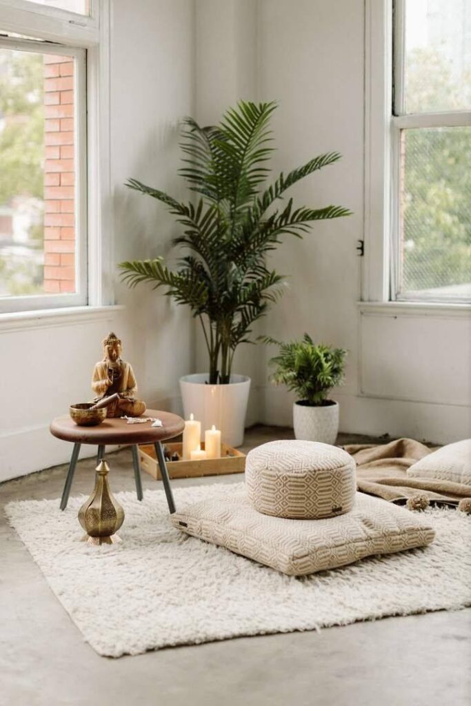 A wooden table and a buddha statue placed on it and a plant in the corner