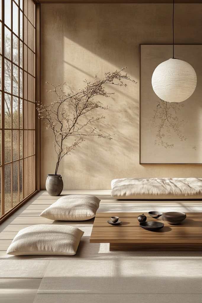 A paper latten and a plant in corner and three cushions on floor