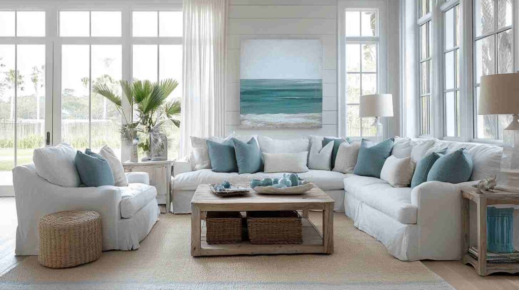 A wooden table and white sofa and walls with a art frame