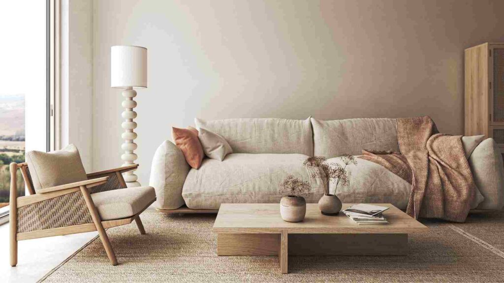 A side lamp and a cloud sofa with a wooden table and a chair
