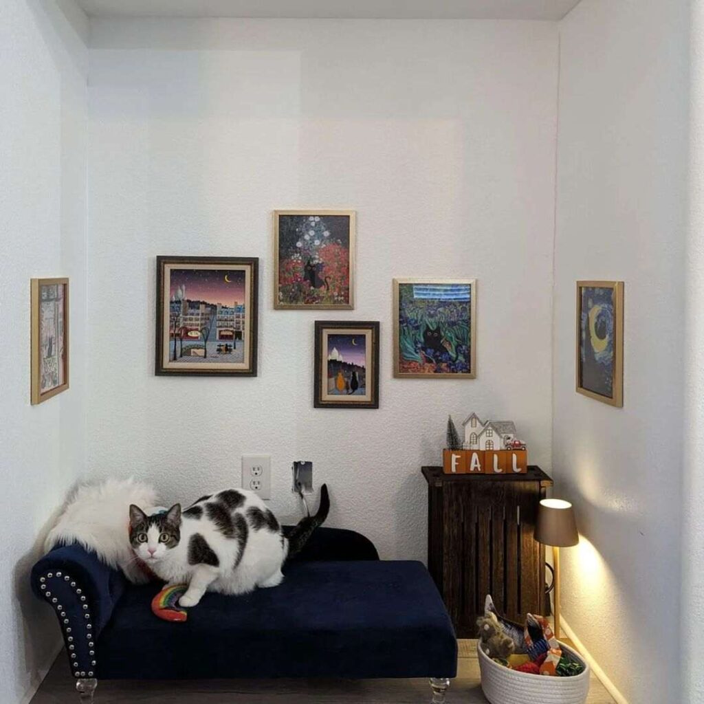 Art frame on wall and a blue color armchair with a cat seating on it