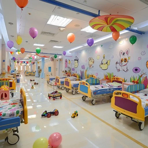 Balloons on ceiling and murals on wall in room
