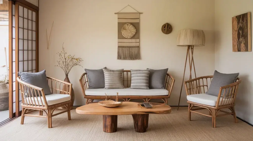 Bamboo made sofa set and a center table with side lamp with a center coffee table