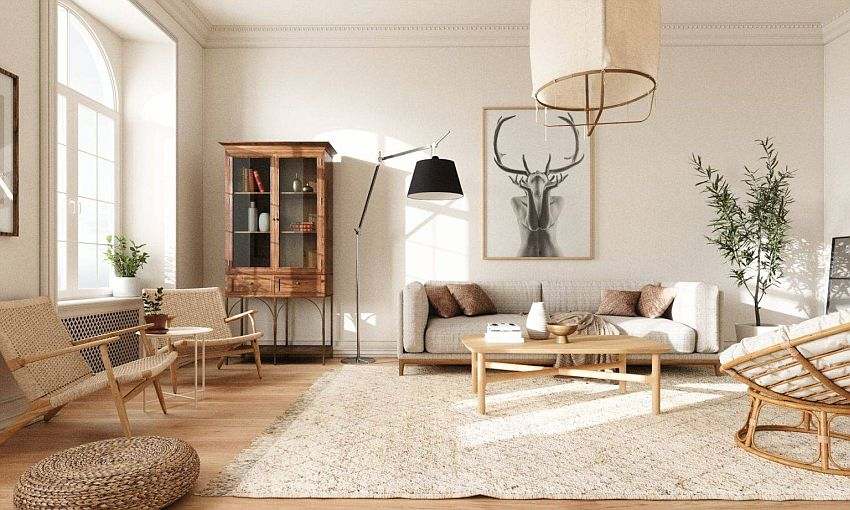 Beige rattan rug and a wooden furniture and a painting on wall and a cabinet in corner 