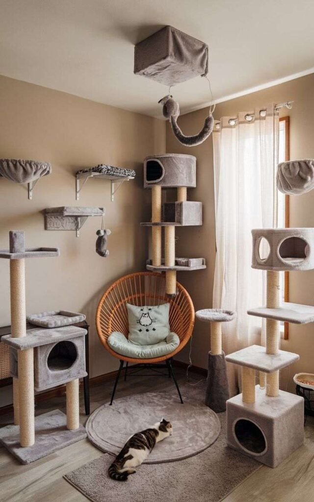 Wooden and gray color cat area for the room wand beige walls 