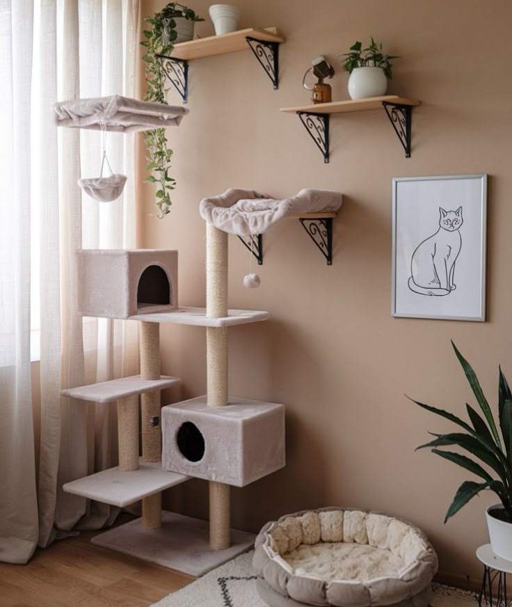 Beige color wall and cat tower on corner