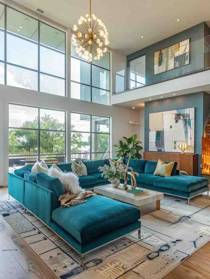 Big picture window for the living room and teal turquoise sofa set