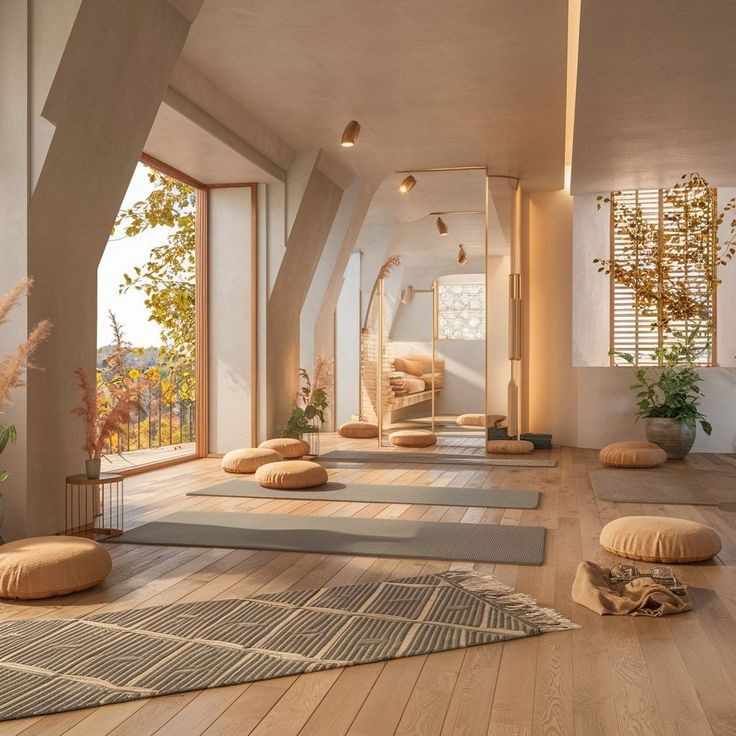 Yoga mats on floor and cushions in the room with floor length windows