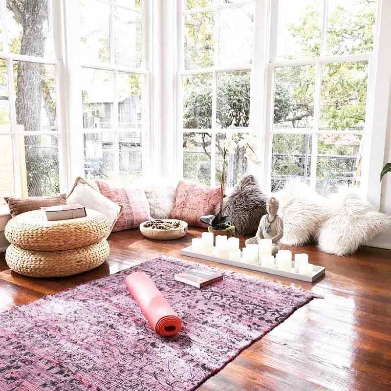 Big window in white frame in home yoga room