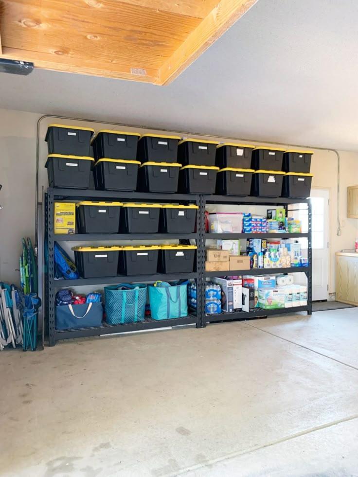 Black and yellow storage plastic bin for the tack room on metal cabinet