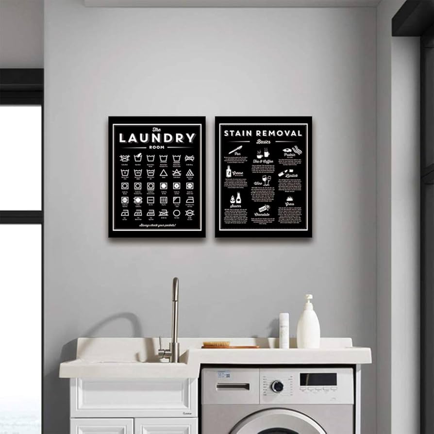 Two black art frames for laundry room with a white washing machine and counter top 