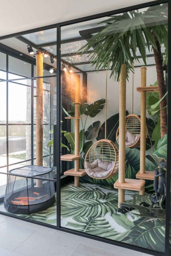 Black cage with plants indoor and a hammock for cat