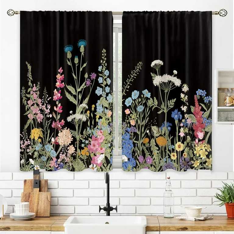 Black floral print curtain on laundry room window