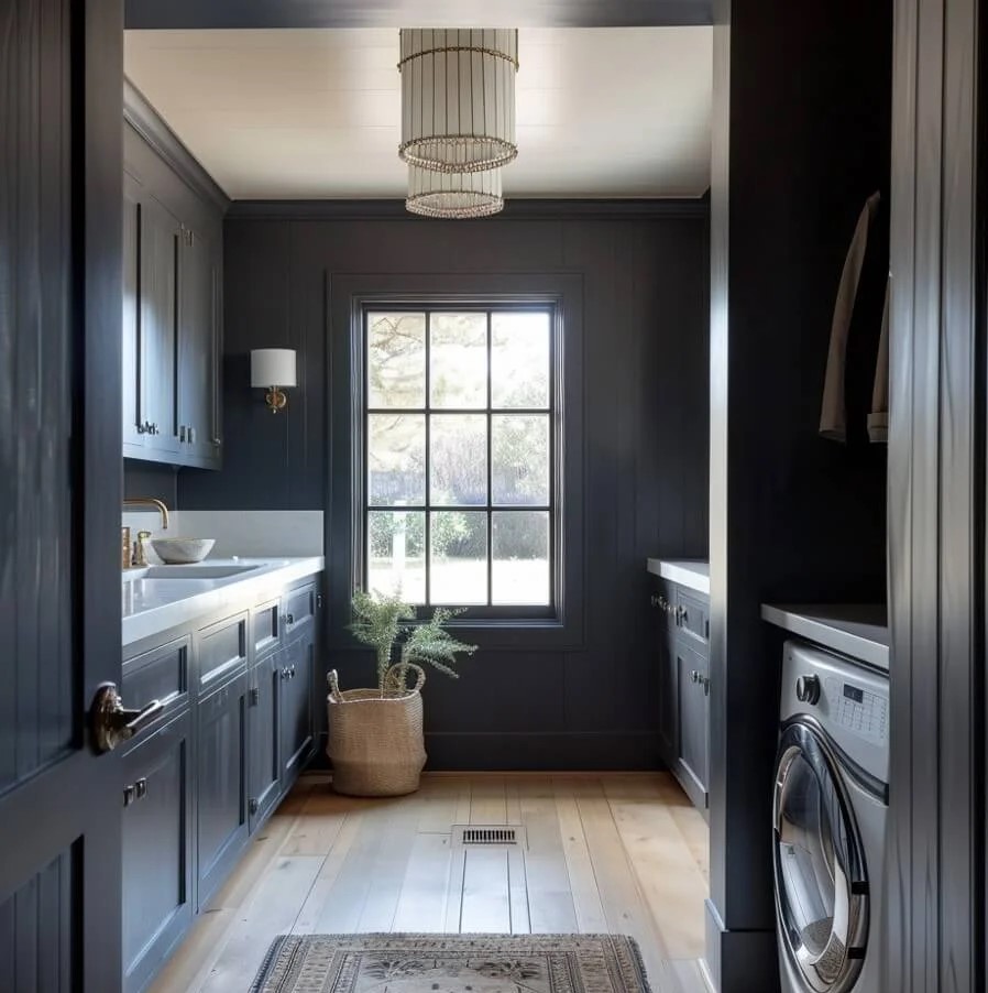 Black wall laundry room with a white sink and washing machine