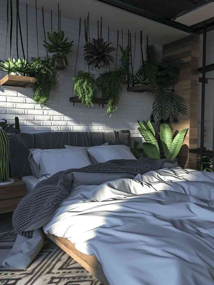 Brick wall and plants hanging above the bed