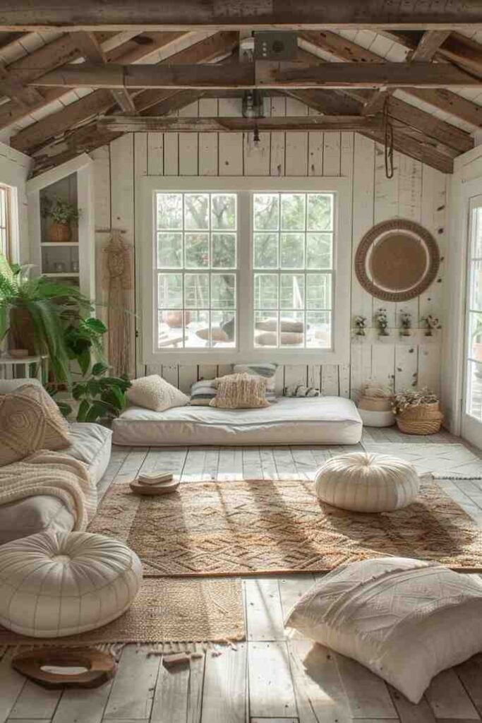 Brown and cream color boho theme she shed