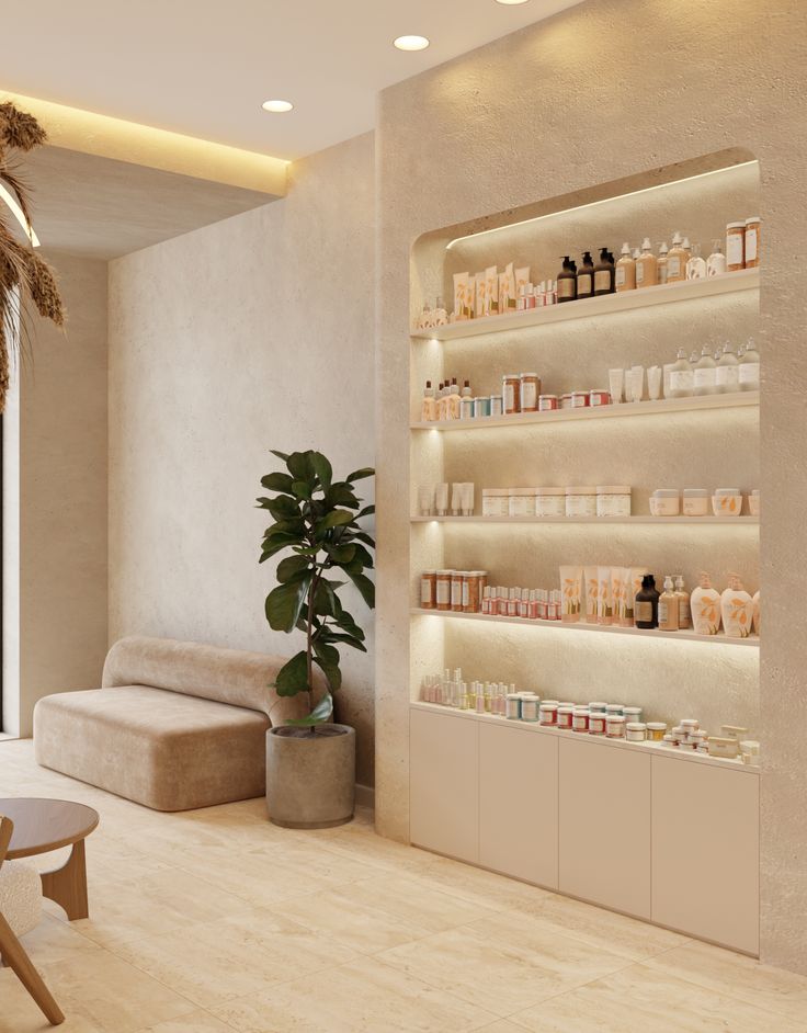 White color built-in storage with light strips for the studio