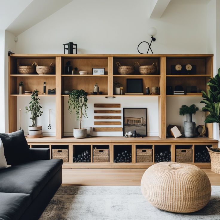 Built-in wooden cabinet filled with items and a jute bean bag on a rug