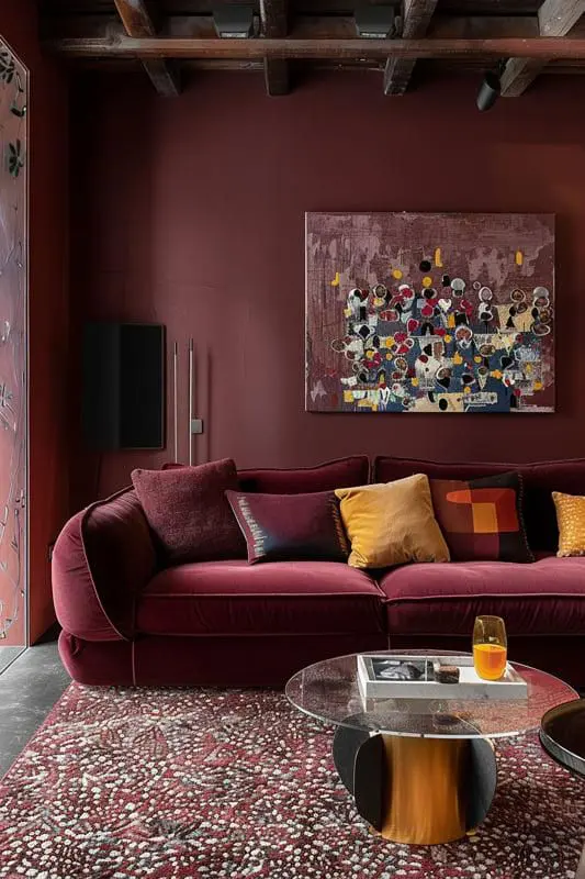 Glass top coffee table and a burgundy sofa with a painting hanging above it