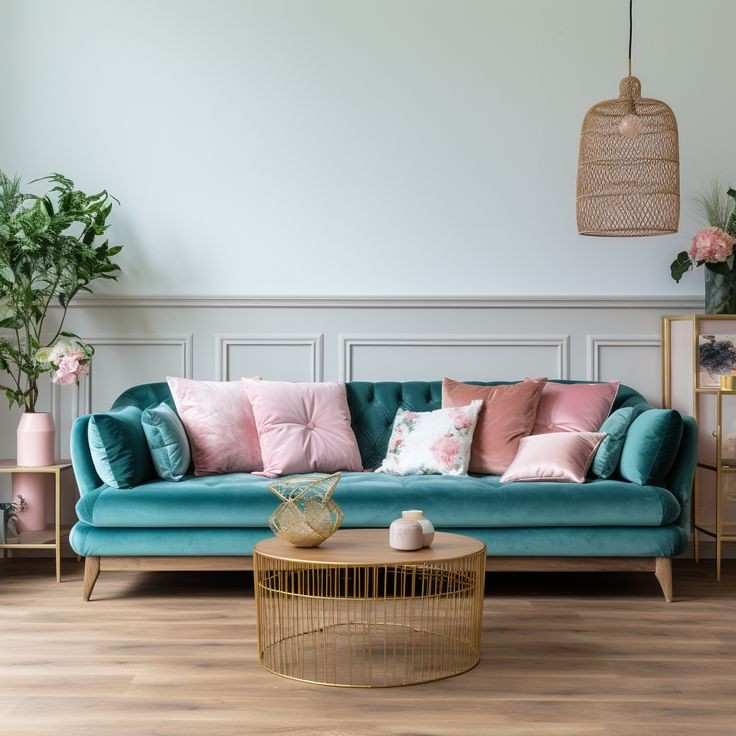 Cage design coffee table and pendant light and a teal sofa with blush pink pillows