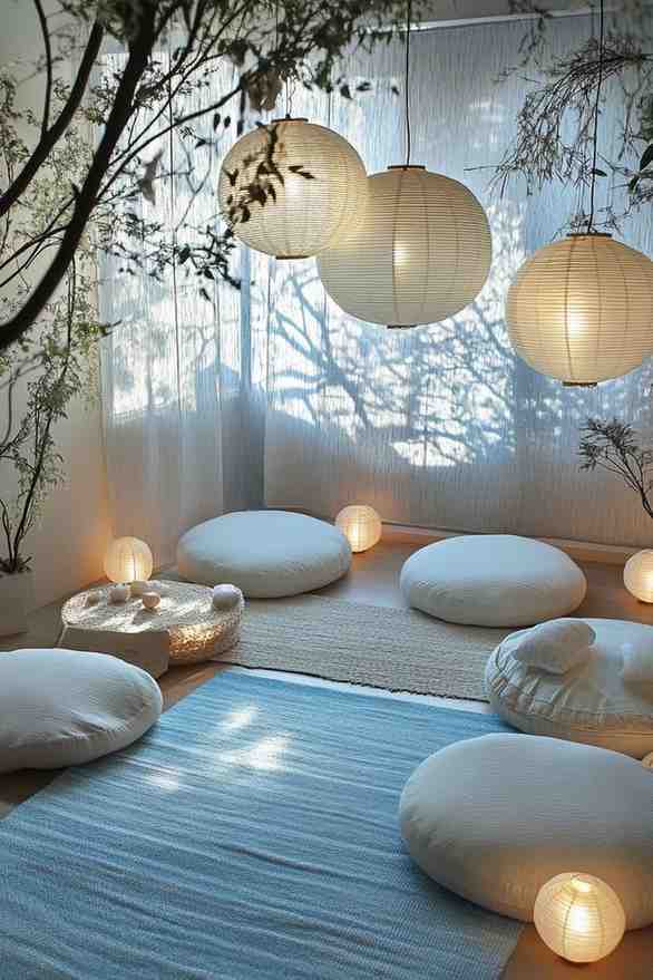 Floor mat and cushion with ceiling lamp and candles