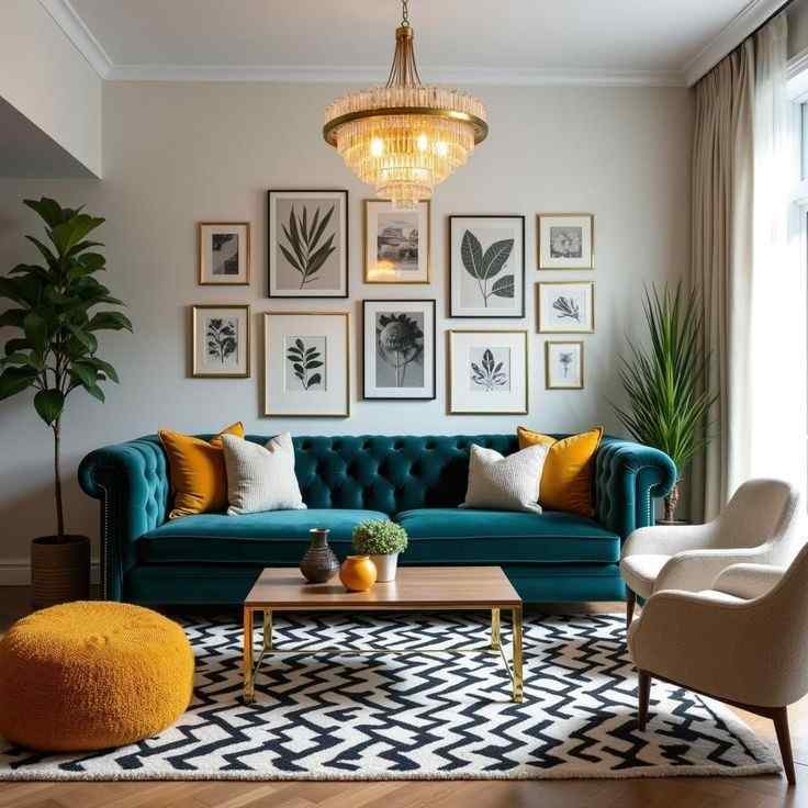 Golden glass ceiling statement light fixture and a monochrome rug with a tea sofa
