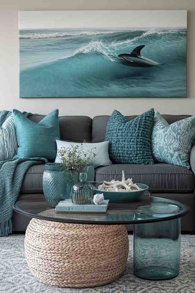 Jute and glass made center table and a teal turquoise sofa with textured pillows and a art frame above it