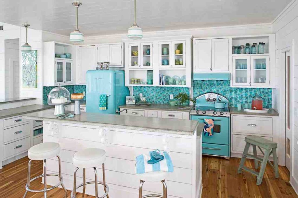 Coastal theme kitchen with teal and turquoise