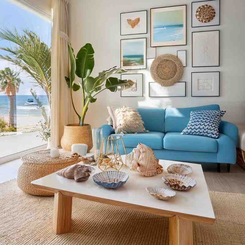 Coastal theme living room with a teal sofa and a wooden table