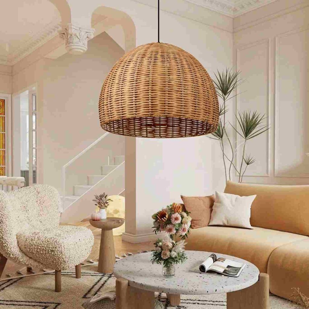 Coffee table and rattan pendant light hanging from ceiling and white wall