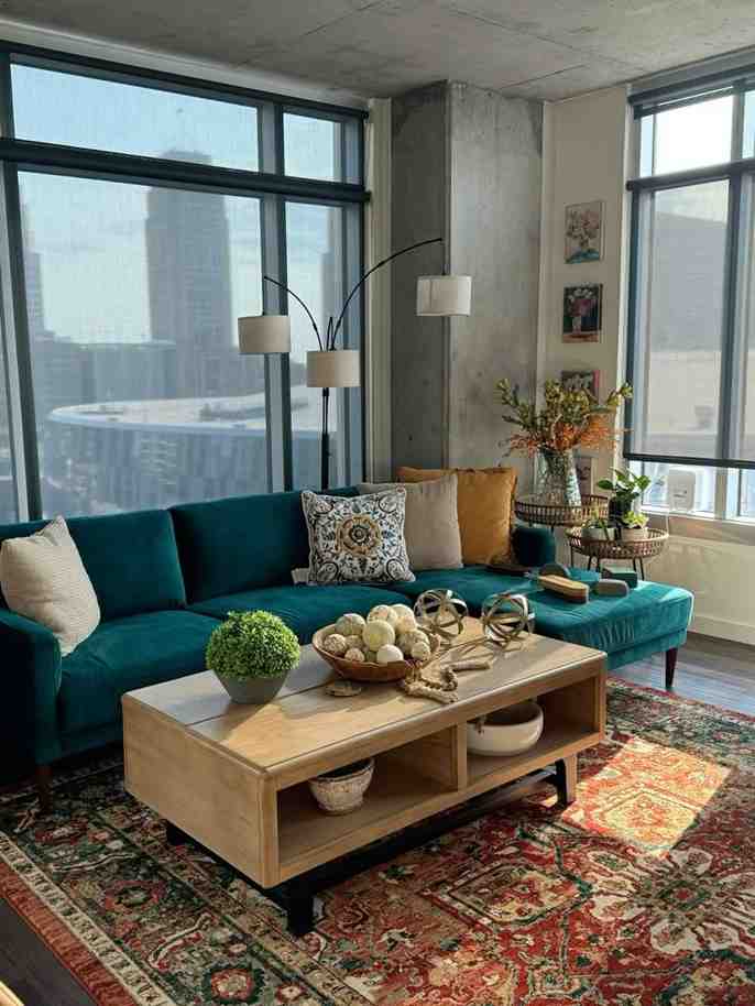 Coffee wooden table and a sofa against picture windows