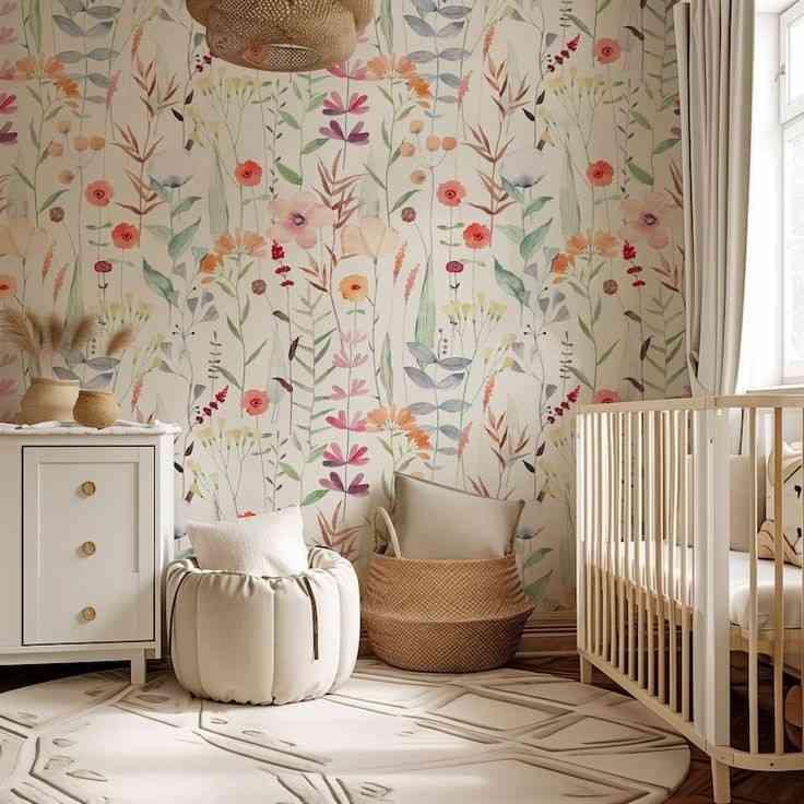 Colorful floral wallpaper and white cabinet with a crib for the toodler room
