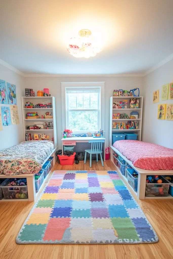 Colorful patchwork rug and two wooden beds with built-in wall cabinet