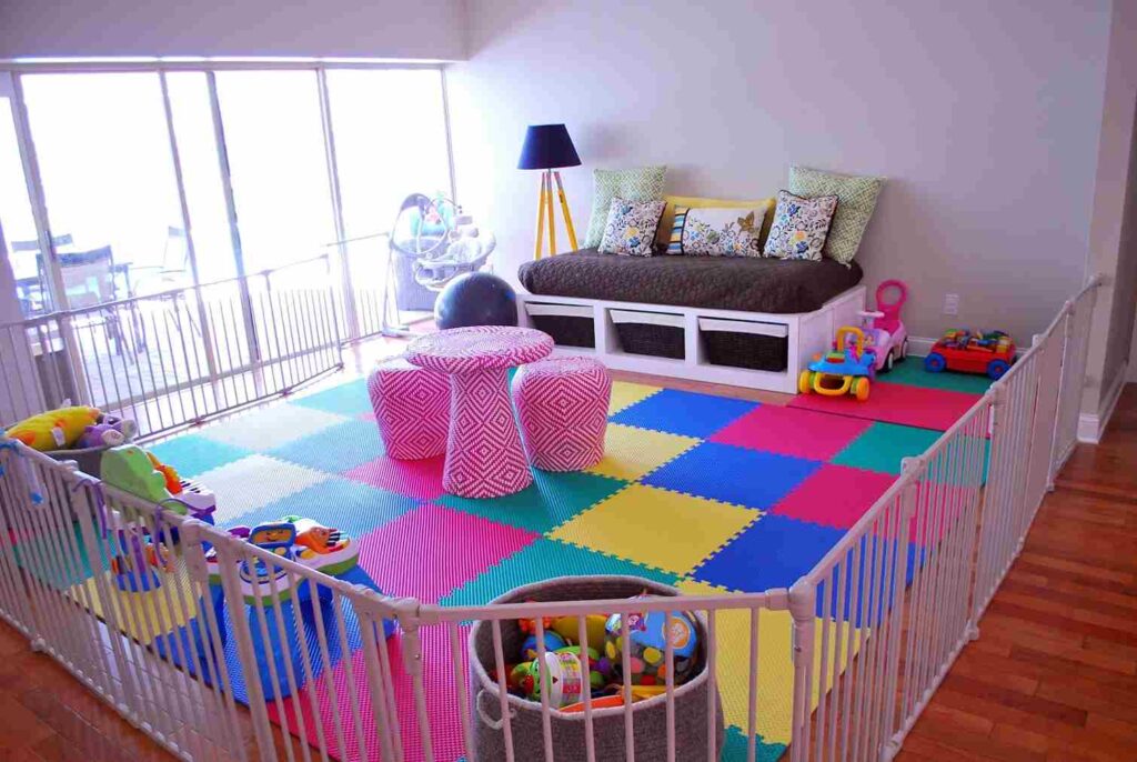 Colorful seating area and playmat for the play area