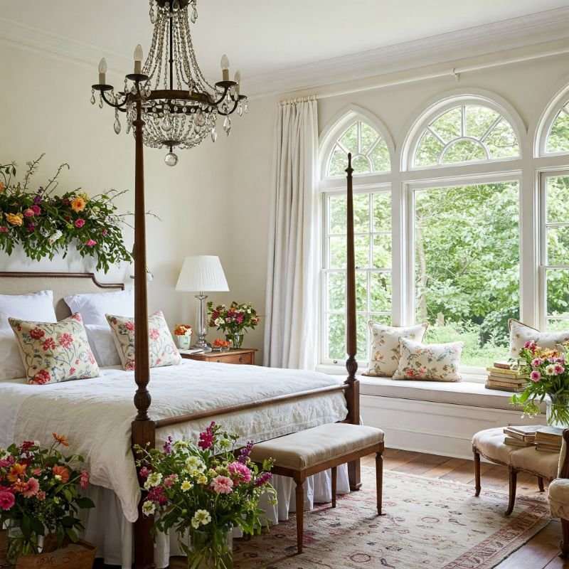 Black wooden frame glass chandelier and a white bed duvet set