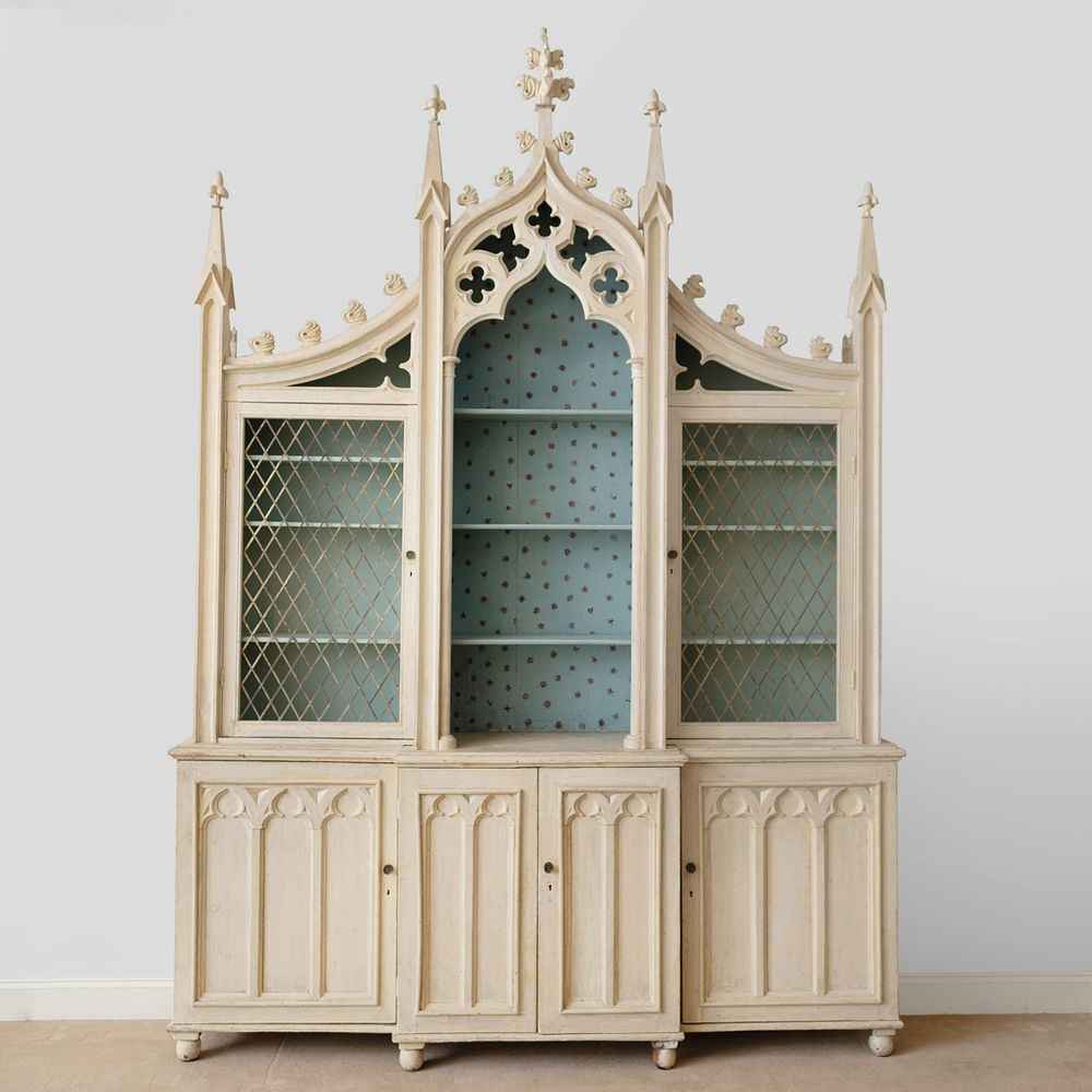 Wooden cream color gothic revival bookcase for the room