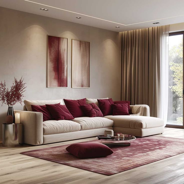 Cream color sofa and burgundy pillows and a rug under it