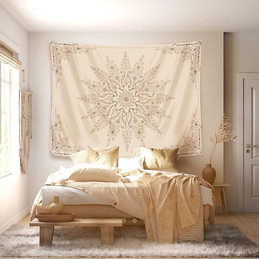 Damanse floral tapestry and a wooden bed frame with white duvet set and a wooden bench