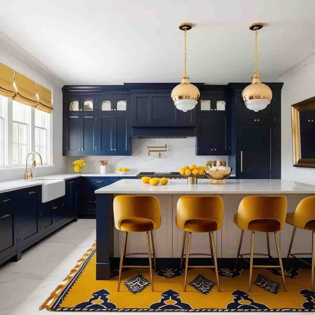 Mustad yellow chair and dark blue kitchen cabinet and carpet