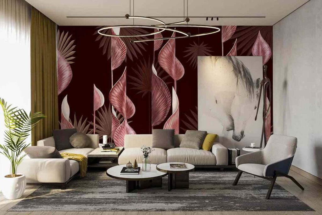 Dark burgundy and peach color floral wallpaper and cream color sofa set