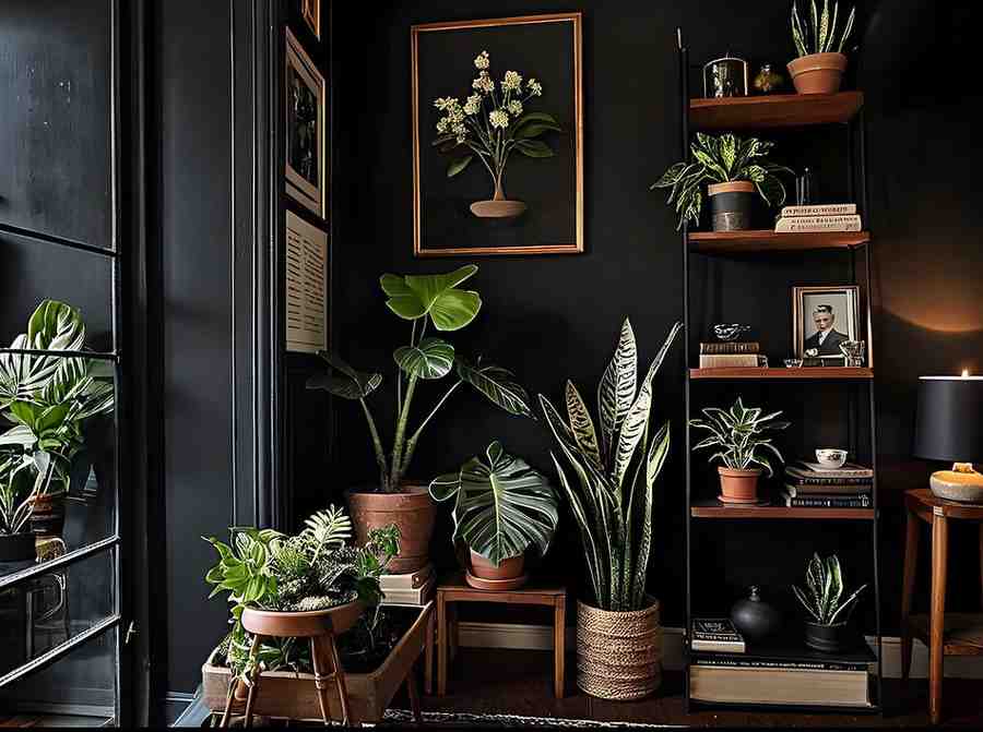 Wooden cabinets and dark plants place on them for the room