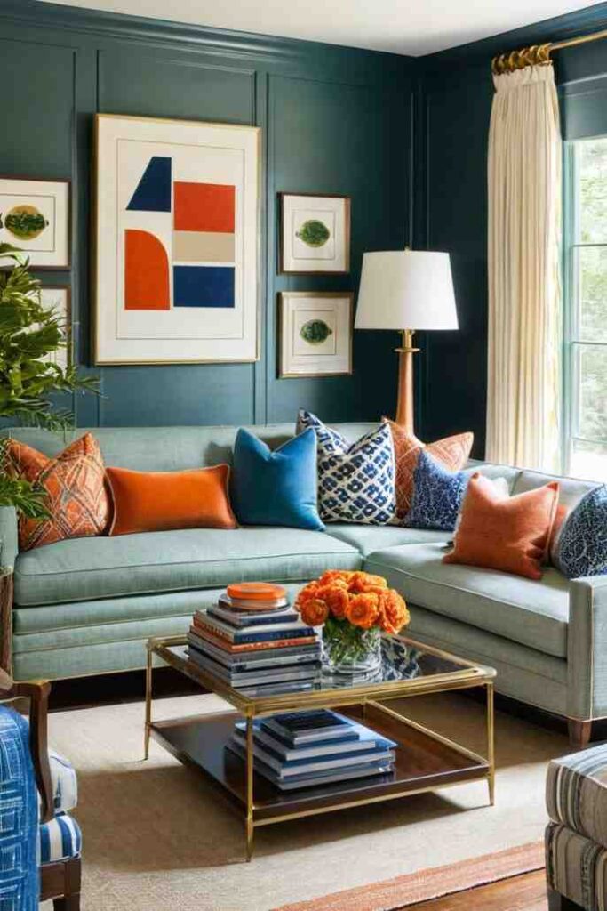 Different types of throw pillows on teal color sofa and a glass table
