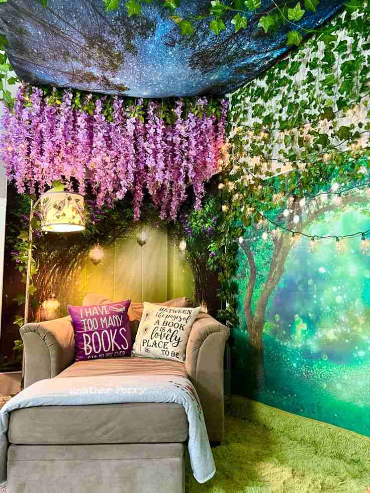 A jungle tapestry on ceiling and dried flower hanging from the ceiling 
